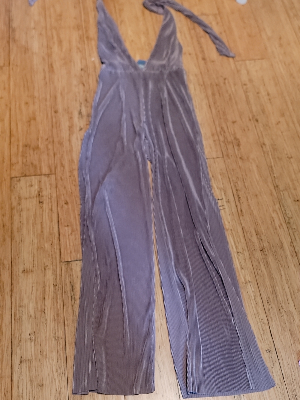 Lavender Tone On A Tan Pleated V-Neck Wide-Leg Jumpsuit